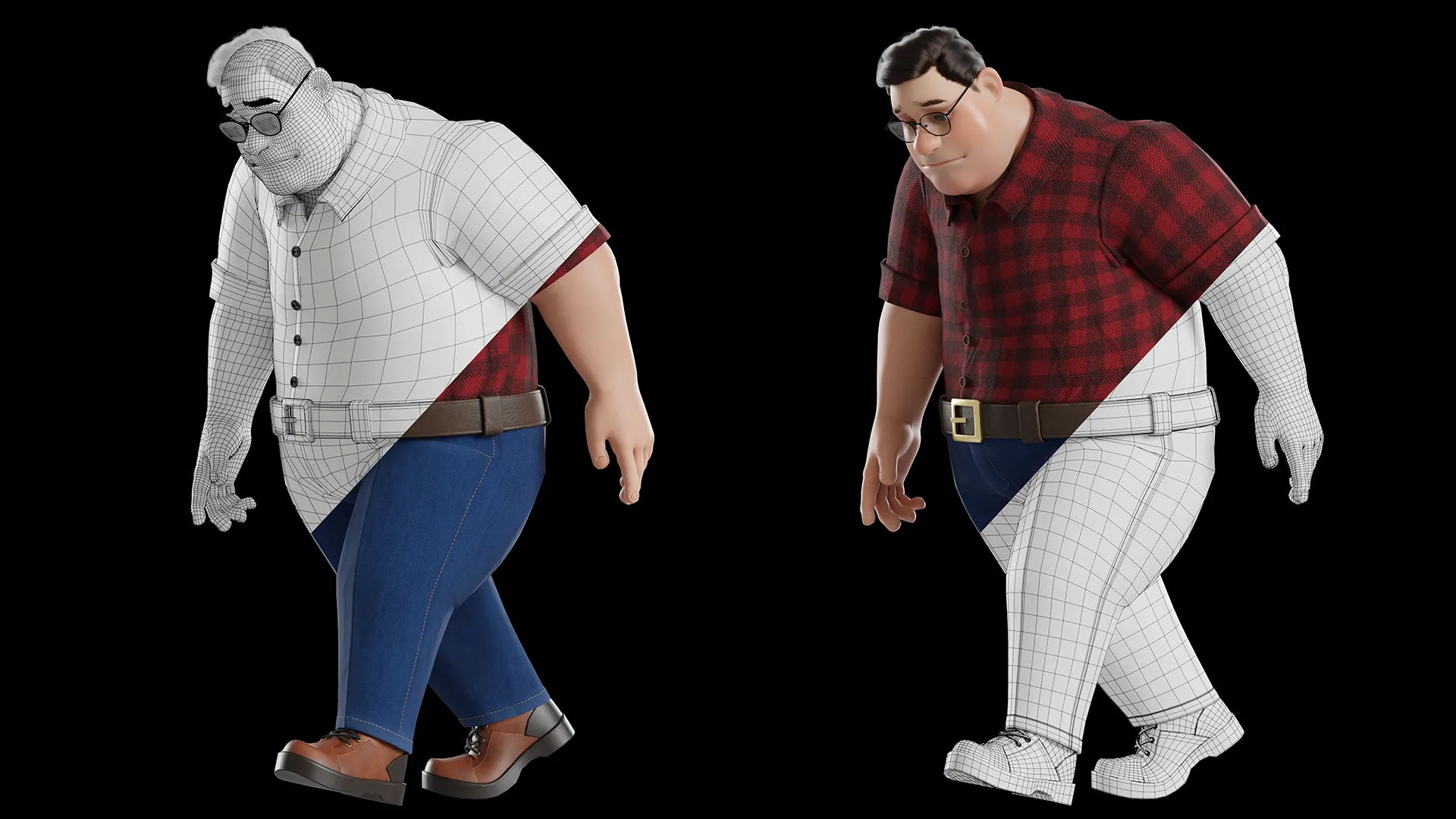 3D Fat Man character low poly wireframe
